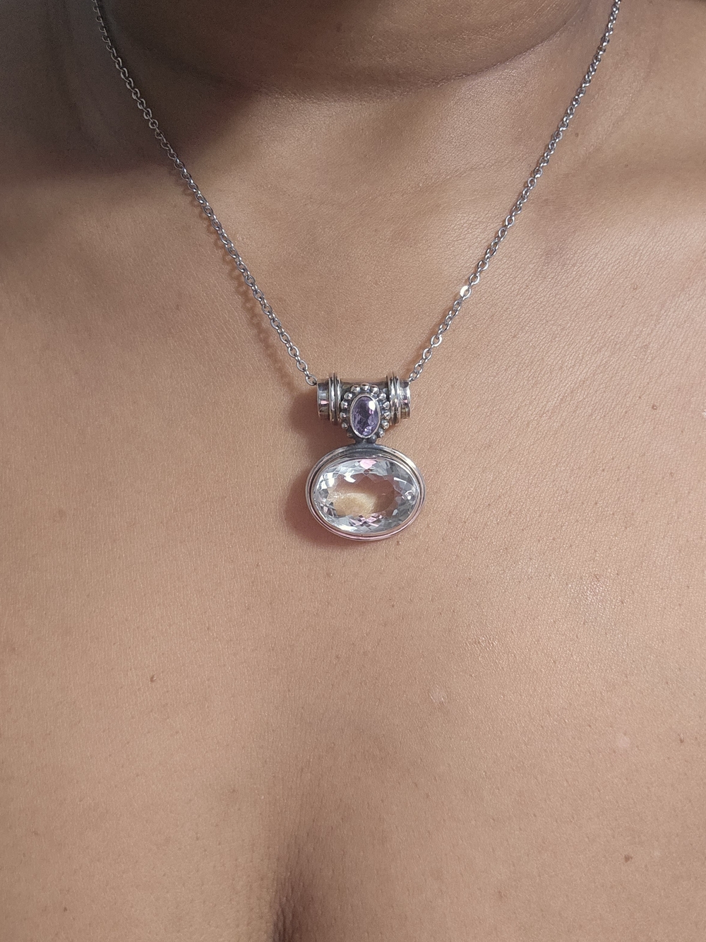 925S Faceted Clear Quartz and Purple Amethyst Gemstone Pendant Necklace